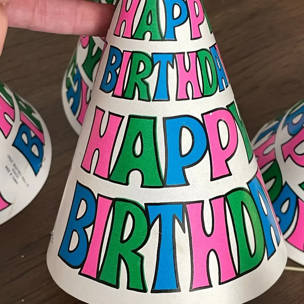 Vintage Birthday Party Hat Lot of 8 Paper 1980's Neon Happy Birthday CRAFT READ!